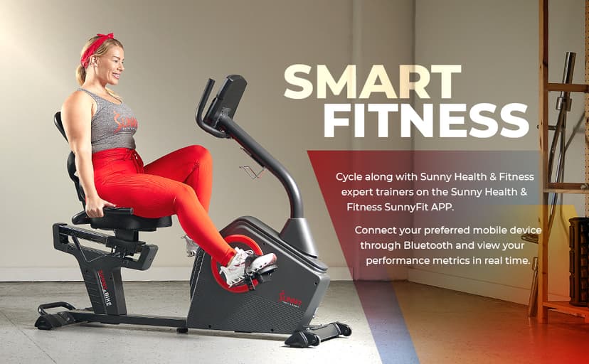 Sunny Health & Fitness Smart Recumbent Bike with Pulse Sensors, Home Cycling Workout Machine w/Cushion Seat & Mesh-Backrest, Free SunnyFit App Connection, Optional Programmable & Electro-Magnetic