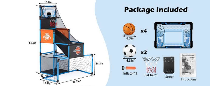 2 in 1 Basketball Arcade Game & Soccer Goal for Kids, Adjustable Kid Basketball Hoop with 6 Balls and Pump, Indoor Outdoor Games for Kid Toys for 3-12 Year Old Kids Birthday Gifts for Boys Girls