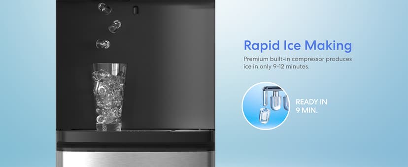 Brio 520 ICE Water Dispenser for 5 Gallon Bottle | Bullet Ice Maker Bottom Load Cooler | UV Self Cleaning, LED Touch Display with Digital Clock, Night Light, Child Safety Lock | 2X Fast Dispense