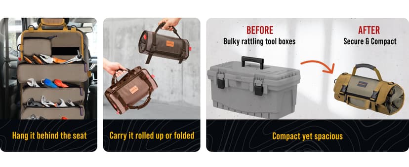 TOUGHEST Roll Up Tool Bag Organizer - 7 Pouches (3 Detachable) Compact Portable Tool Storage Box - 1680D Waterproof Small Tool Bag for Car - Gifts for Dad Mechanic Electrician