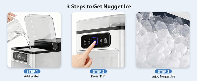 Nugget Ice Maker 40lbs/Day, Countertop Ice Maker Soft Chewable Ice, Ice Makers One-Click & Self-Cleaning, Crushed Pellet Ice Machine with Scoop&Basket for Home/Kitchen/Office, Stainless Silver
