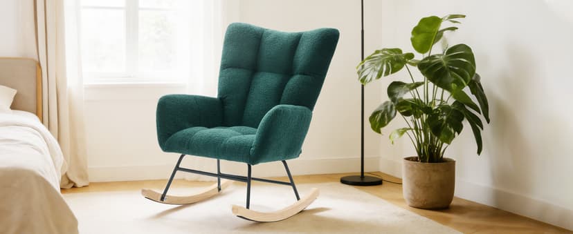 DUMOS Nursery Rocking Chair Teddy Upholstered, Comfy Glider Rocker with High Backrest Armchair Padded Seat, Accent Side Chair for Living Room Bedroom Offices Small Spaces Indoor, Green