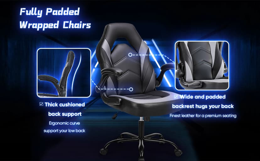 OLIXIS Big and Tall Office Desk Leather Gaming Computer Chair with Adjustable Swivel Task and Flip-up Arms for Adults, Teens, Black and Grey