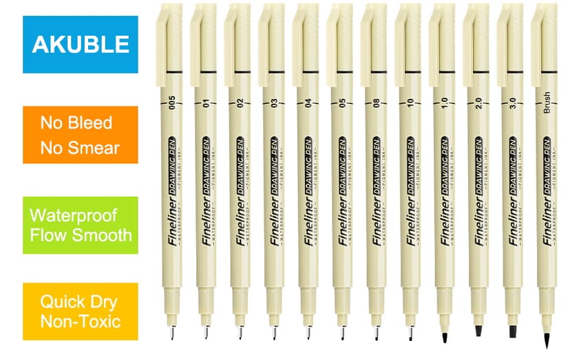 Micro Fineliner Black Drawing Pens,12 Waterproof Watercolor Painting Art Supplies Adults Anime Gifts Artist Fine Line Marker Archival Ink Micron Set Sketch Outline Manga Sketching Zentangle Teen Stuff