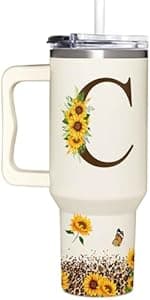 Personalized Birthday Gifts For Women - Sunflower Gifts For Women, Mom - Christmas Gifts For Womens, Mother's Day Gift For Mom, Boss - Monogrammed, Initial Tumbler Handle 40oz W Lids & Straws, K
