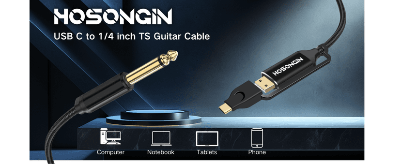 HOSONGIN USB Guitar Cable, Dual USB-C and USB-A Connectors, 16-bit/48kHz High-Fidelity Audio Adapter for Electric Guitar/Bass, Compatible with GarageBand, Audacity, and MacBook, 10 Feet
