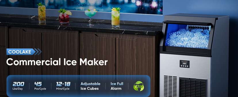 Coolake Commercial Ice Maker Machine, 200Lbs/Day Under Counter Ice Maker with 55 Lbs Storage, Stainless Steel Freestanding Built-in Outdoor Ice Machine with Water Filter for Home Bar Cafe Garage