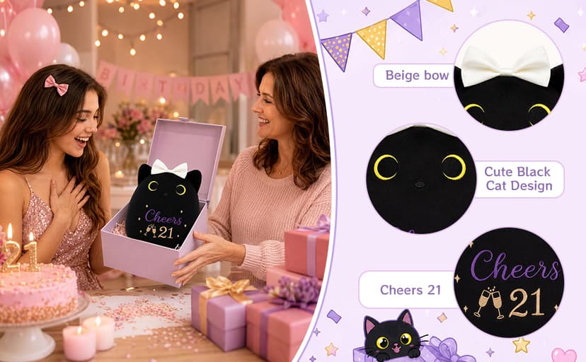 8inch Cat Stuffed Anmals with Cheers 21, Soft Plush Cute 21 Year Old Birthday Gifts for Girls Women 21st Birthday Black Cat Plush, 21st Birthday Gifts for Girls Her B0H2GV3YWL
