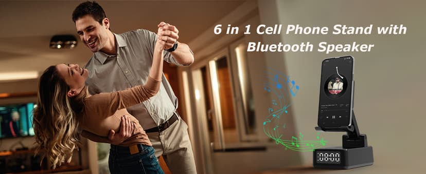 Birthday Gifts for Men Women,6-in-1 Cell Phone Stand Holder with Wireless Bluetooth Speaker & Wireless Charger,Alarm Clock for iPhone,HD Surround Sound Portable Bluetooth Speaker Gifts for Him Her