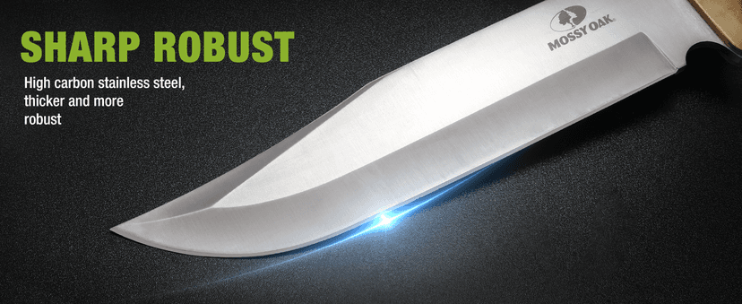 Mossy Oak 14-inch Bowie Knife, Full-tang Fixed Blade, Wood Handle Hunting Knife with Leather Sheath for Camping, Hiking, Survival