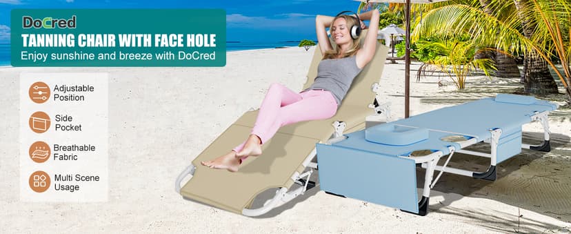 DoCred Heavy Duty XXL Tanning Chair with Face Hole&Mat, Oversized 5-Position Folding Chaise Lounge Chairs for Outside, Portable Beach Lounge Chair for Outdoor Sunbathing Beach Pool Lawn Camping