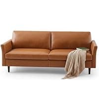 Kingfun Faux Leather 3 Seat Couch for Living Room, Mid Century Modern Sofa with Rolled Arms and Deep Seats, Fluffy Comfort for Apartment, Easy to Assemble, Chestnut