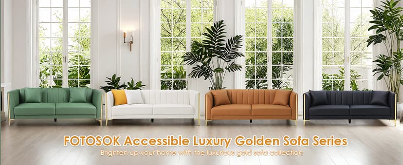 FOTOSOK 78'' Couch Sofa, Modern Leather Couches for Living Room, Comfy, Faux Leather Sofa 3 Seater Sofa with 2 Throw Pillows and Gold Metal Legs, Deep Seat Sofas (Brown)