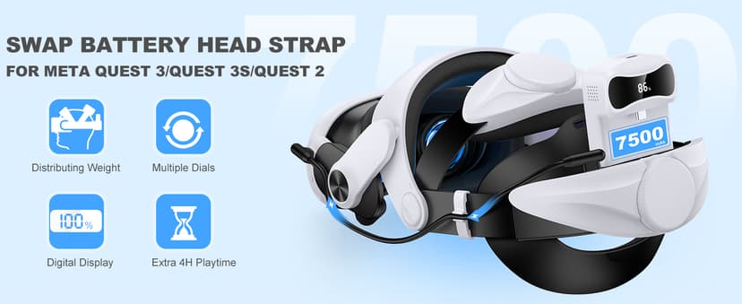 DXKK Battery Head Strap for Meta Quest 3/Quest 3s/Quest 2, VR Headset Strap with Soft Padding, Double Adjustment Dials Enhanced Comfort, Extra 3-4Hrs Playing Time