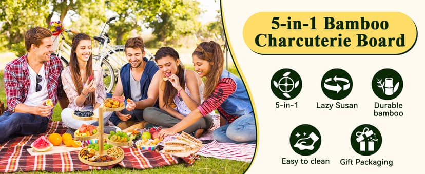 Tiered Charcuterie Board Gift for Women: Bamboo 360° Rotating Round Base with 4 Swivel Trays - White Elephant Gift, Holiday Hosting, Christmas, Birthday, Parties, House Warming Gift for Couples