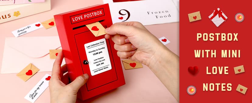 Red Wooden Mailbox, Interactive Opening Door, Cute Christmas Anniversary Valentines Day Gifts for Him Husband Boyfriend Romantic Wooden Love Postbox Set, 50 Mini Love Notes and Envelopes B0DQVG86TF