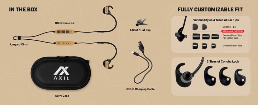 AXIL GS Extreme 3.0 Shooting Ear Protection – Desert Tan - Hearing Enhancement & Noise Isolation Bluetooth Earbuds – 5X Hearing Protection for Shooting, Travel, Work and Concerts