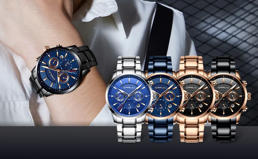 CRRJU Men's Business Casual Chronograph Quartz Waterproof Wristwatch Black Leather Strap