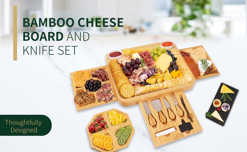 Large Charcuterie Cheese Board and Knife Set, 3 Drawers Kitchen Charcuterie Platter & Large Serving Tray - House Warming, Anniversary Wedding Gifts for Couple, Bridal Shower Gift for Women