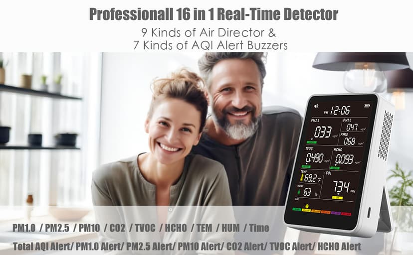 Professional Indoor Air Quality Monitor with AQI Alerts, Portable Real-Time Detector for Home, Car, Plants & Pet (Milk White)