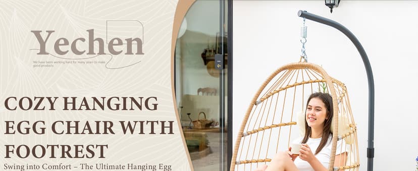Yechen Hanging Egg Chair with Stand and Footrest for Indoor Outdoor, Foldable Wicker Rattan Patio Egg Swing Chairs Hammock Egg Chair with UV Resistant Cushion for Bedroom Porch, 350 Lbs Capacity