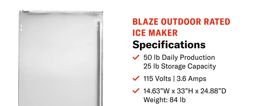 Blaze 15-Inch Outdoor Rated Ice Maker with Gravity Drain – Stainless Steel Machine Produces 50 Lbs. of Ice Daily with 25 Lb. Storage