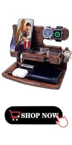 Gifts for Men Women Brother Boss Boyfriend Him Nightstand Organizer Gifts for Dad from Daughter Son Wood Phone Docking Station (Dark Brown)