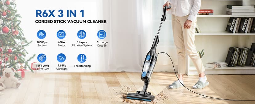 Vazone R6X Corded Stick Vacuum Cleaners for Home, 30Kpa Powerful Suction Stick Vacuum with 16Ft Cord, 2 in 1 Lightweight Handheld Vacuum Cleaner for Hardwood Floor Pet Hair