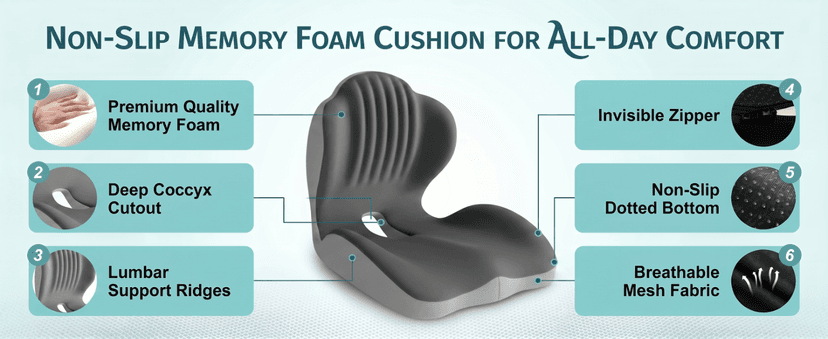 Ergonomic Office Chair Seat Cushion, L-Shaped Memory Foam Coccyx Cushion for Tailbone Pain Relief, Orthopedic Car Seat Cushion with Lumbar Support & Cutout Hollow for Sciatica & Back Pain (Grey