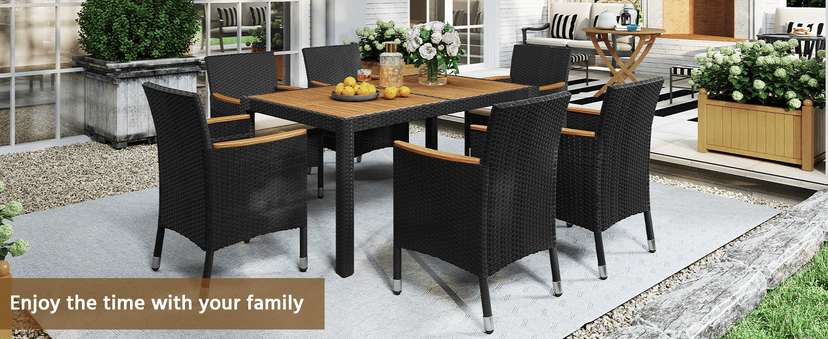 Yaheetech 7 Piece Patio Furniture Set, Outdoor Dining Acacia Wood Table Top Rattan Conversation Set with Soft Cushions, 6 Chairs & 1 Table for Backyard, Deck, Garden & Yard, Black/Beige