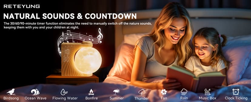 Sunrise Alarm Clocks for Heavy Sleepers,Night Lamp Clocks for Bedrooms with Moon Light,10 Light Effects,30/60/90 Timer,10 Sleep Nature Sounds,15 Ringtones,12 Volume Control with Snooze Function