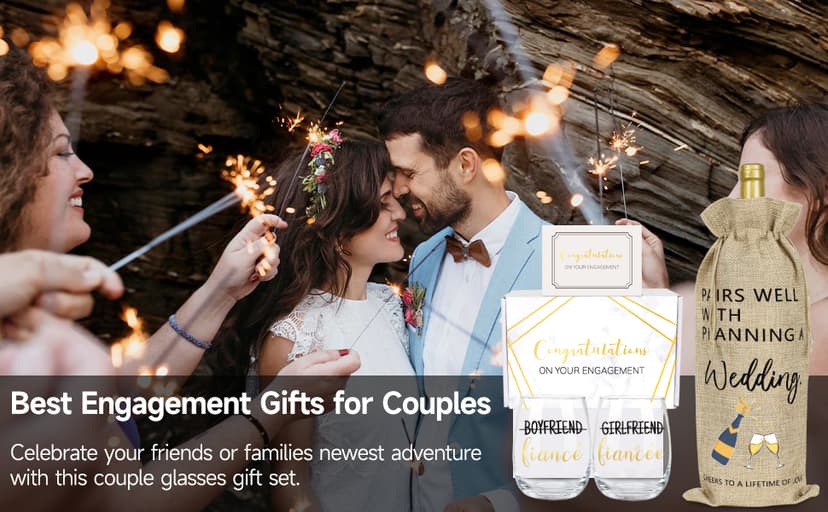 Engagement Gifts for Couples, Boyfriend and Girlfriend Wine Glass Engaged Gift Set with Wine Bag, Fiance Fiancee Gift for Him and Her Bride and Groom, Wedding Bridal Shower Gifts for Newlywed