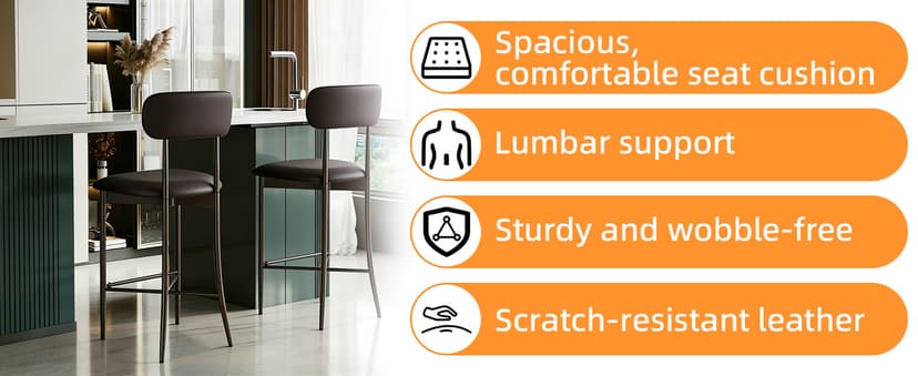 26.3 Inch Counter Height Bar Stools, Modern Counte Stools with Backrest,Counter Height Chairs with Leather Seat, Sturdy Frame and Footrests for Kitchen Island, Dining Room, Counter,Dark Gray