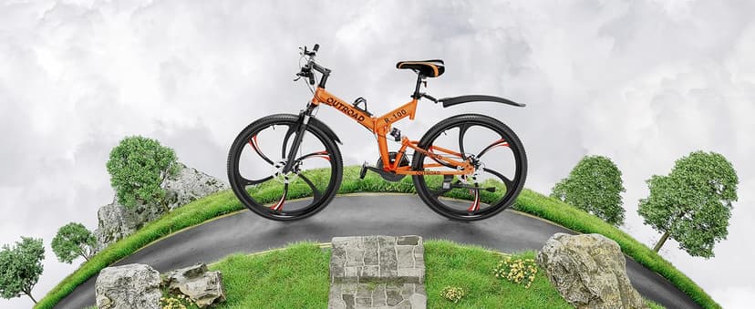 Outroad 26 Inch Folding Mountain Bike, 21 Speed Full Suspension High-Carbon Steel MTB Foldable Bicycle, Dual Disc Brake Non-Slip Folding Bikes for Adults/Men/Women, Black, Orange and Green