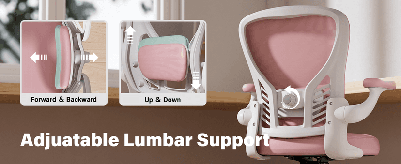 GYI Ergonomic Office Chair, Mesh Desk Chair with Adjustable Lumbar Support and 3D Flip-up Arms, Computer Chair with Wheels, Pink