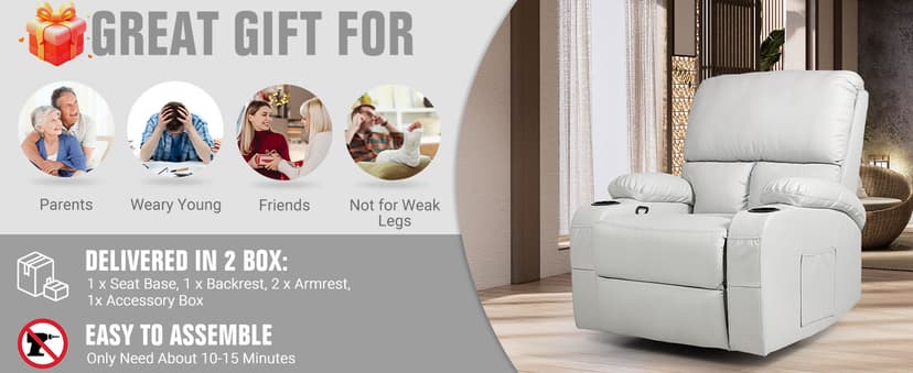 LAFWELL Rocking Recliner Chair, Massage Rocker Recliner Chair with Vibration Massage and Heat, 360° Swivel Recliner Chairs, Living Room, Bedroom, Nursery, RV, Grey