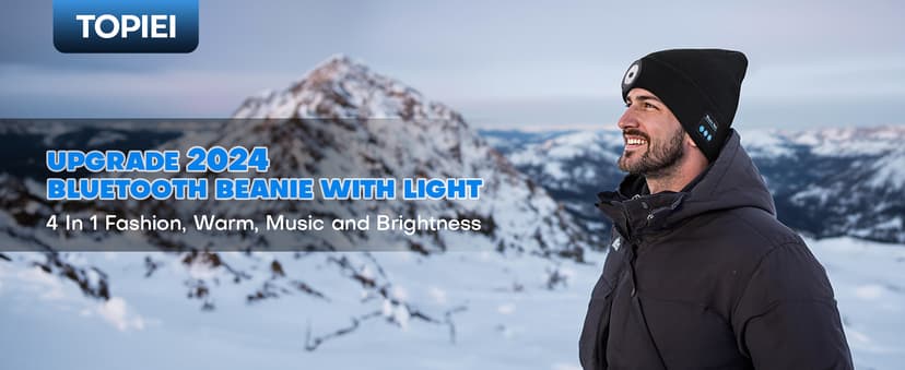 Bluetooth Beanie with Light, USB-C Charging 5 LED Flashlight Hat, Built-in Stereo Speakers Mic, Christmas Stocking Stuffers White Elephant Gifts for Men Dad Teens Boys for Camping Fishing B0DJ17Q4X3
