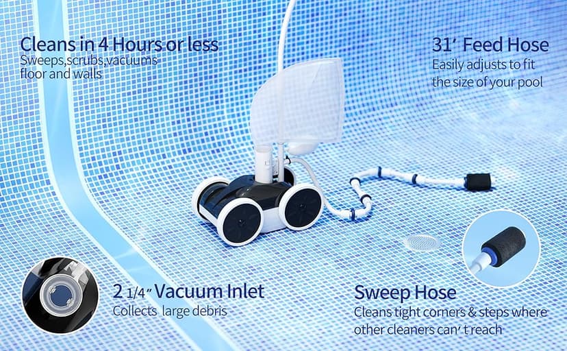 Amptyhub Upgrade Pool Pressure Side Sweeper: Professional Solution for Cleaning Your Swimming Pool (Four Wheels Better Than Three)