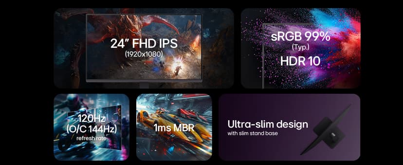 LG 24G411A-B 24-inch Ultragear Full HD (1920 x 1080) IPS Gaming Monitor, 144Hz (O/C), 1ms MBR, NVIDIA G-Sync Compatible, AMD FreeSync, HDR10, HDMI, DisplayPort, Slim Stand, Black