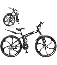 Outroad 26 Inch Folding Mountain Bike, 21 Speed Full Suspension High-Carbon Steel MTB Foldable Bicycle, Dual Disc Brake Non-Slip Folding Bikes for Adults/Men/Women, Black, Orange and Green