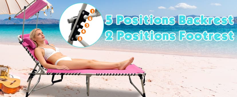 Outdoor Tanning Chair with Sun Canopy Shade & Face Hole, Folding Lounge Chair with Beach Table and Carry Bag for Poolside Sunbathing Lawn