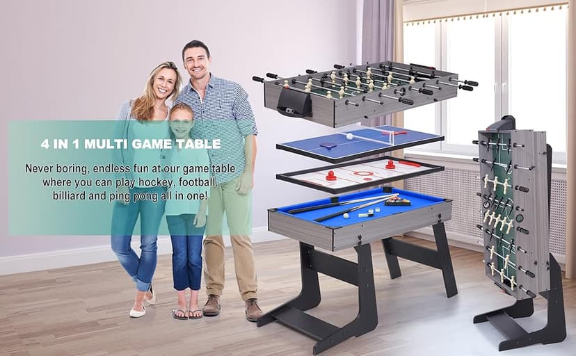 RAYKEEP Foldable Multi Game Table, 4-in-1 Combo Game Table Set with Ping Pong, Hockey, Pool Billiards and Foosball for Adults, Home, Game Room, Friends & Family