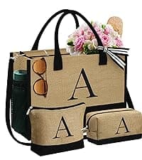 YOOLIFE Beach Bags for Women - Initial Canvas Tote Waterproof Bag with Makeup Bag Gifts for Women Mom Friend Birthday Her
