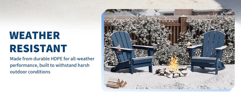 GarveeLife Folding Adirondack Chair Set of 2 with Side Table, All-Weather HDPE Outdoor Chair, Wooden Textured with Cup Holder for patios, Decks, Gardens, fire pits, Navy Blue