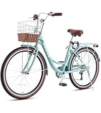VIRIBUS Beach Cruiser Bike for Women, Single Speed Womens Bike with Basket & Rack 24 26 inch, Retro Step Through Cruiser Bicycle for Petite Short Women Female Ladies City Commuter, 330 lb.