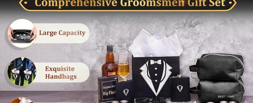 Complete Gift Set for Wedding with Flasks Shot Glasses Funnels Toiletry Bags Sunglasses Bottle Openers Gift Bags and Cards Rigibright 60 Pcs Groomsmen Gifts Set of 6 for Wedding Best Man Gift B0F6N4938G