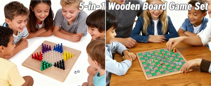Glintoper 5-in-1 Wooden Board Game with 2 Reversible Boards for Chess, Checkers, Chinese Checkers, Snakes and Ladders, Tic Tac Toe, Tabletop Combo Classic Portable Board Games for Kids to Adult
