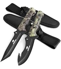Mossy Oak Fixed Blade Hunting Knife Set - 2 Piece, Full Tang Handle Straight Edge and Gut Hook Blades Game Processing Knife, Sheath Included - Yellow Camo