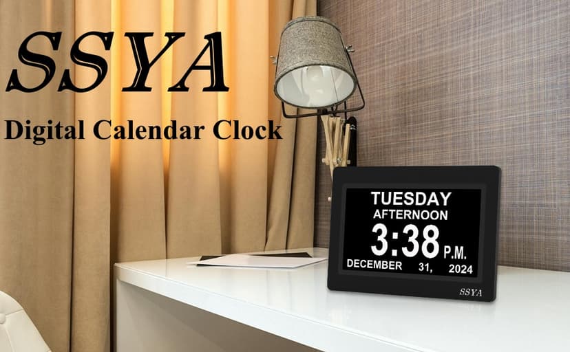 SSYA 7 Inch Calendar Clock - 12 Alarm Options, Level 5 Auto Dimmable Display,Extra Large Impaired Vision Digital Clock with Non-Abbreviated Day & Month (Black)