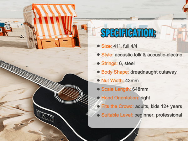 Winzz Acoustic-Electric Guitar 4/4 Full Size for Adults Beginners and Teens, 6 Steel-String Acustica Guitarra Starter Kit, 4-Band Equaliser, 41" Dreadnought Cutaway, Glossy Black, Right Hand